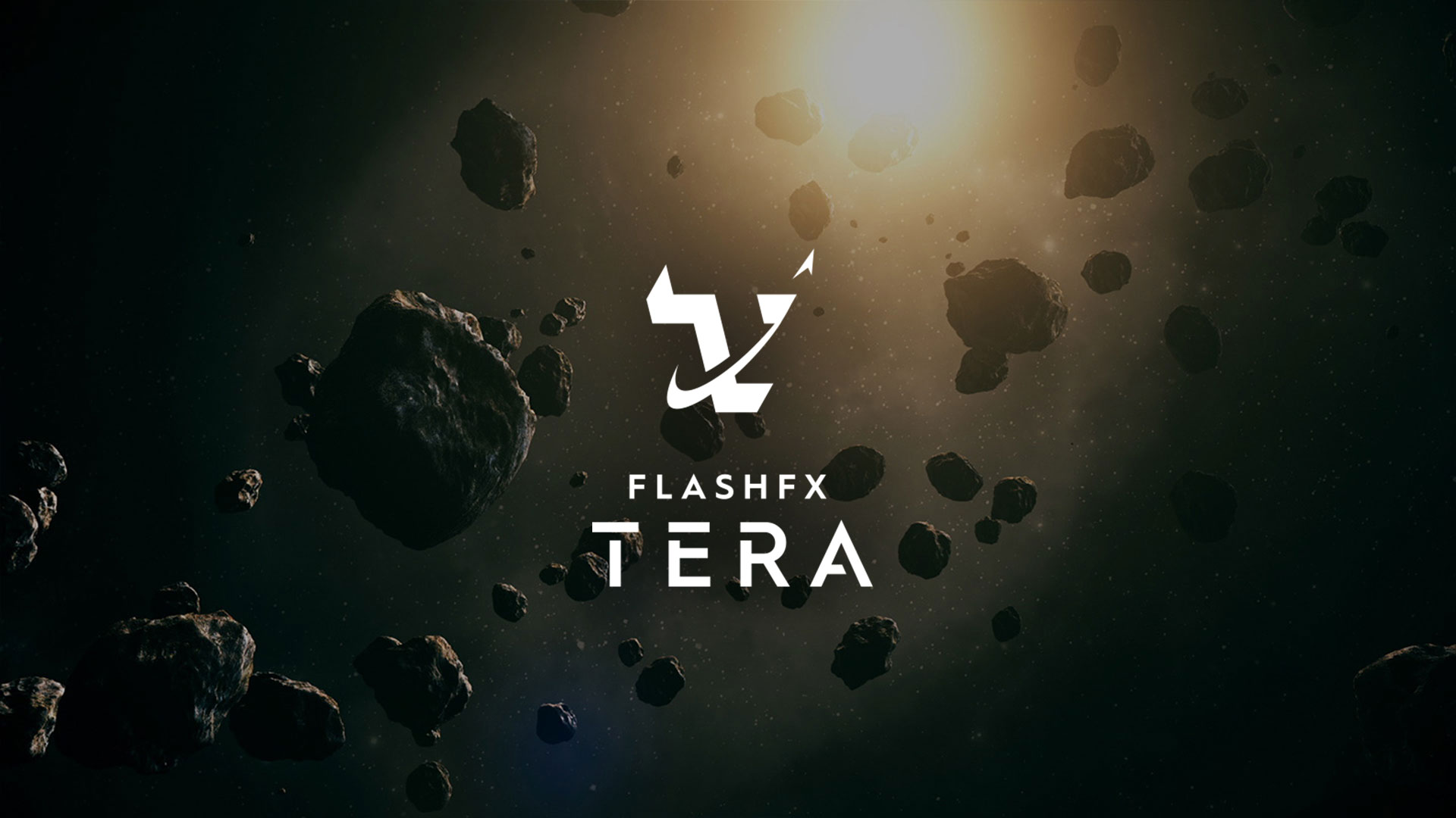asteroids in space with a white logo of FlashFX Tera