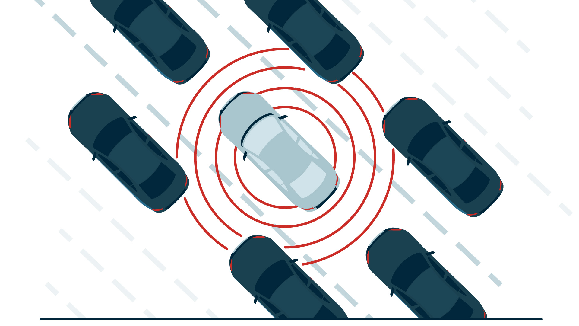 illustration of cars from above with sensors showing